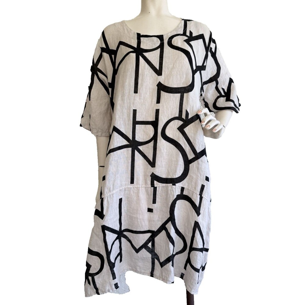 T by TRANSPARENTE Dress Beige Black Linen Lagenlook Art to Wear Oversized OSFA